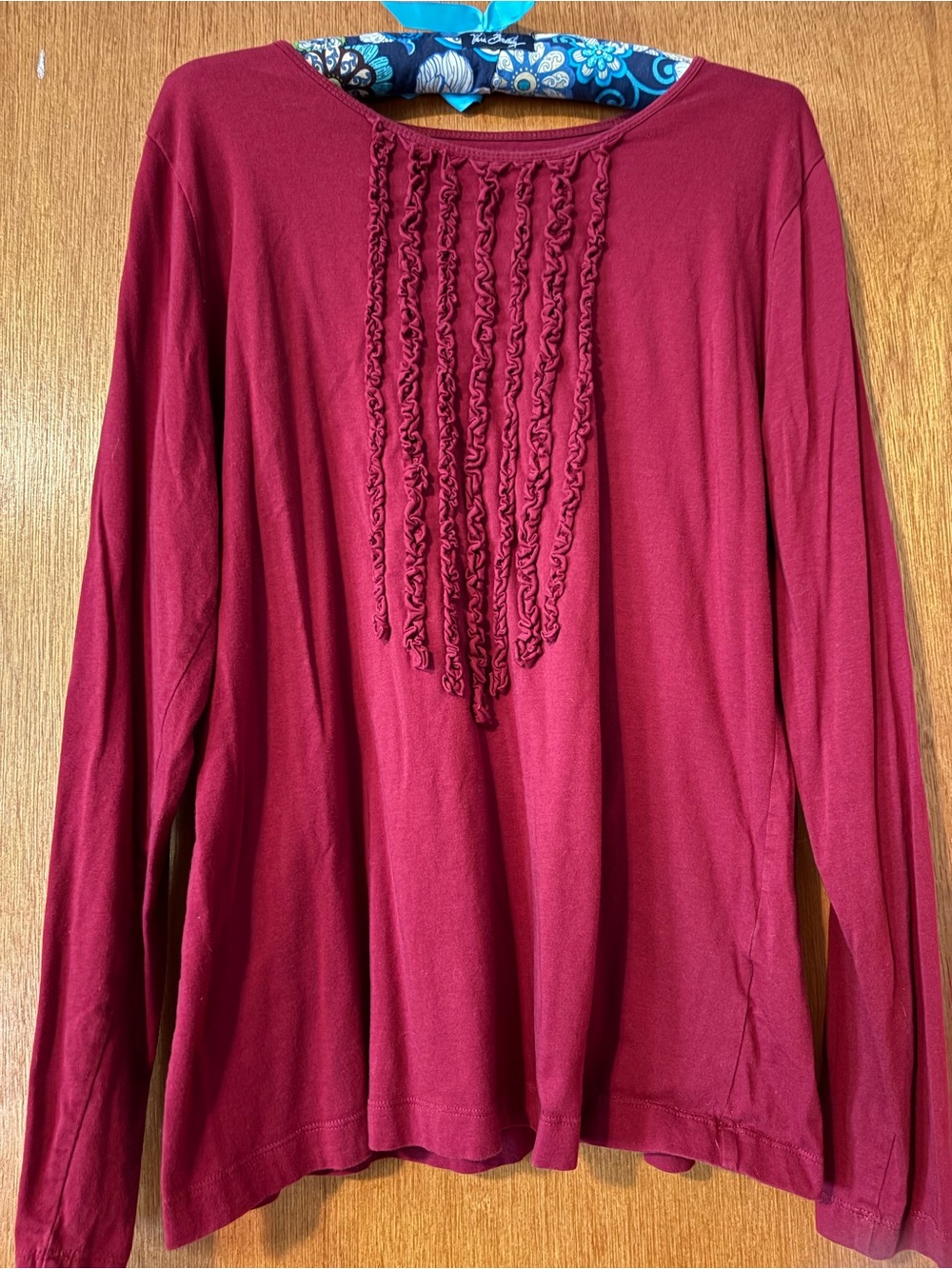 Van Heusen Women's Long Sleeve Ruffle Front Top - Burgundy size L.